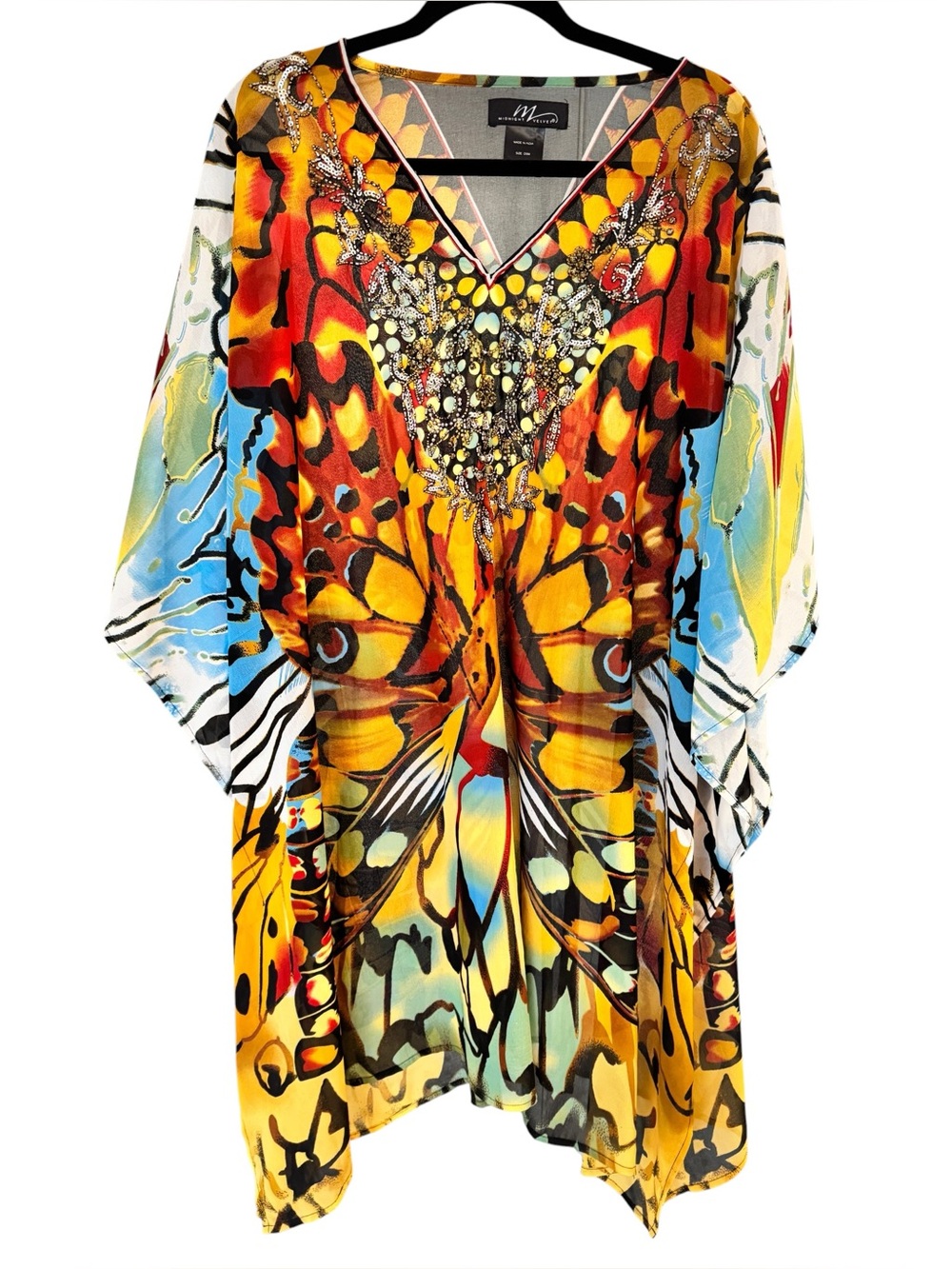Embellished Butterfly-Print V-Neck Kaftan Top - Yellow Multi